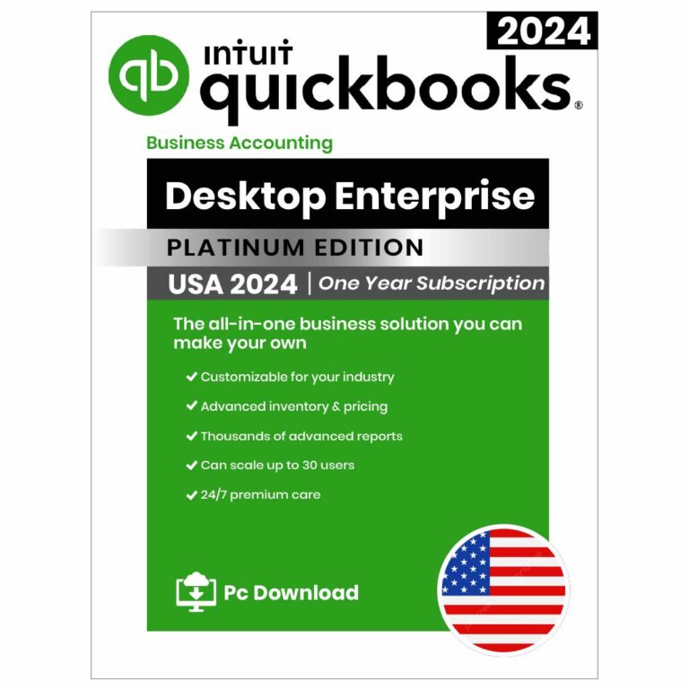 QuickBooks Enterprise 2024 desktop software for large businesses with advanced inventory, payroll, and reporting features.